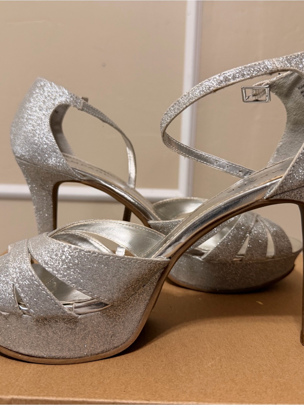 Rampage Silver Glitter Platform Strappy Heels